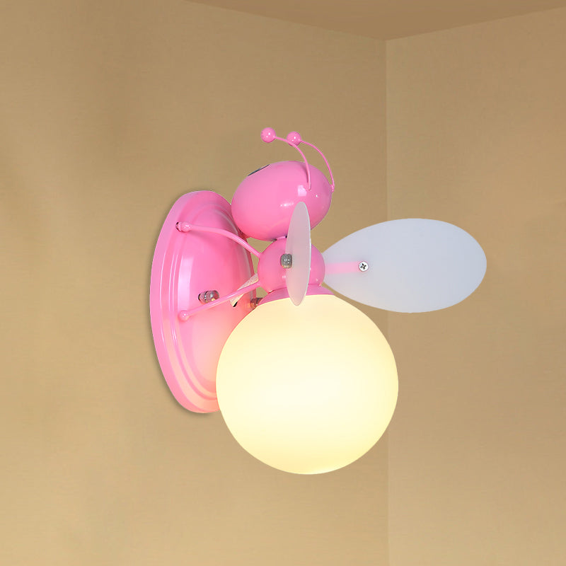 Opaline Glass Ball Wall Sconce With Bee Design - Pink/Yellow Cartoon Lamp 1 Light