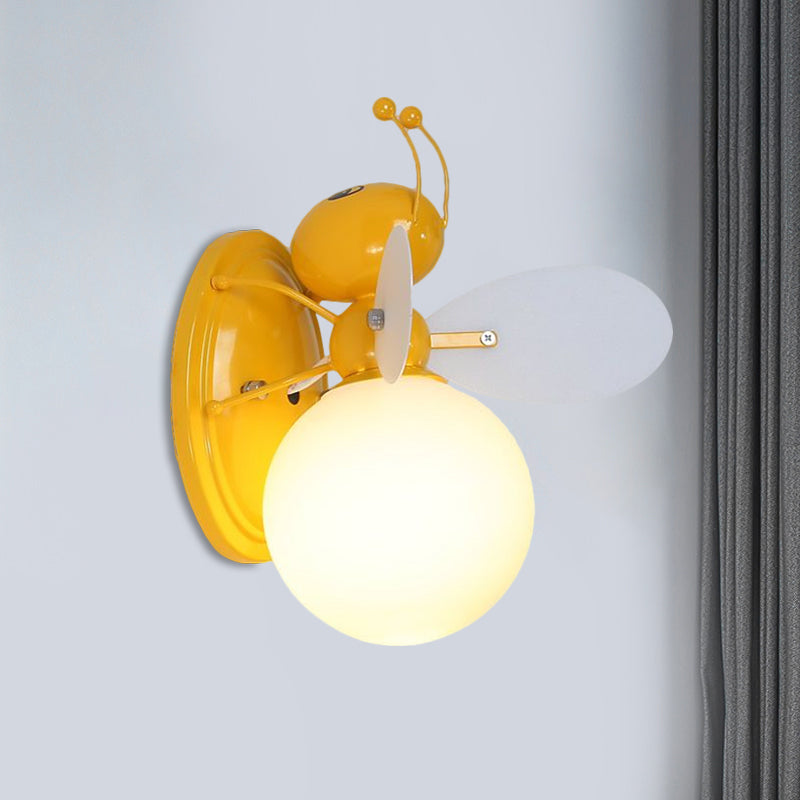 Opaline Glass Ball Wall Sconce With Bee Design - Pink/Yellow Cartoon Lamp 1 Light