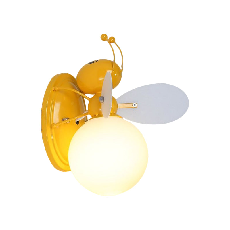 Opaline Glass Ball Wall Sconce With Bee Design - Pink/Yellow Cartoon Lamp 1 Light