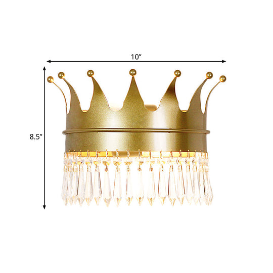 Retro Metallic 1-Head Crown Wall Sconce With Crystal Accent In Gold