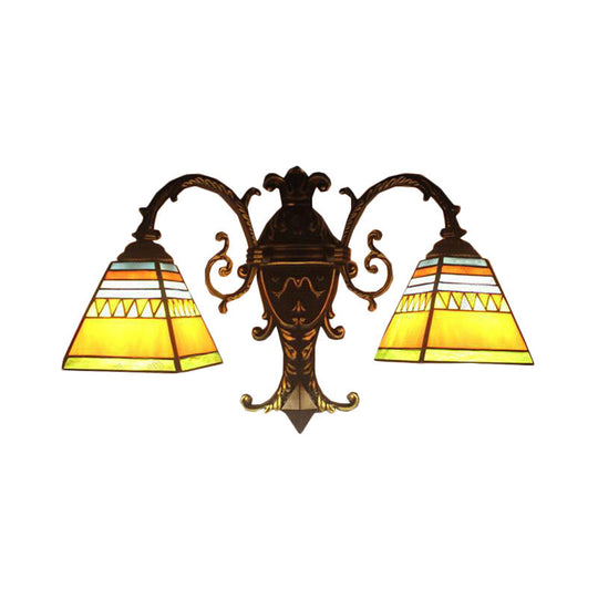 Stained Glass Pyramid Wall Lamp With 2 Heads - White/Blue/Yellow Ideal For Corridor Lighting