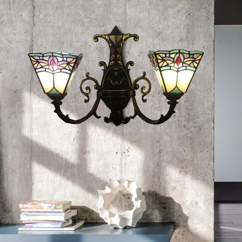 Stained Glass Pyramid Wall Lamp With 2 Heads - White/Blue/Yellow Ideal For Corridor Lighting