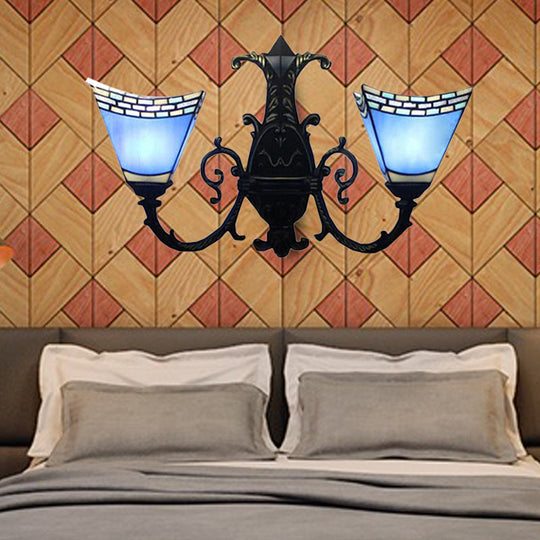 Stained Glass Pyramid Wall Lamp With 2 Heads - White/Blue/Yellow Ideal For Corridor Lighting