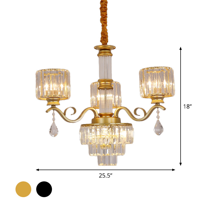 Minimalist Crystal 3-Head Chandelier Lamp In Black/Gold For Restaurants - Clear 3-Tier Design With