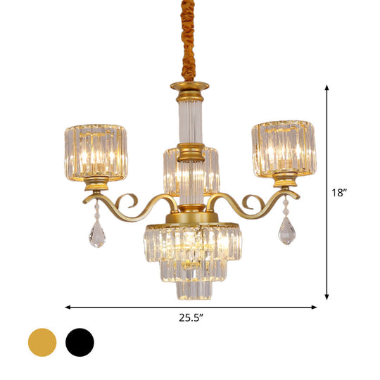 Minimalist Crystal 3-Head Chandelier Lamp In Black/Gold For Restaurants - Clear 3-Tier Design With