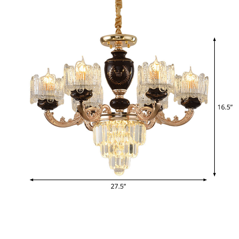 Gold 3-Tier Crystal Chandelier With 6 Bulbs And Clear Glass Shades