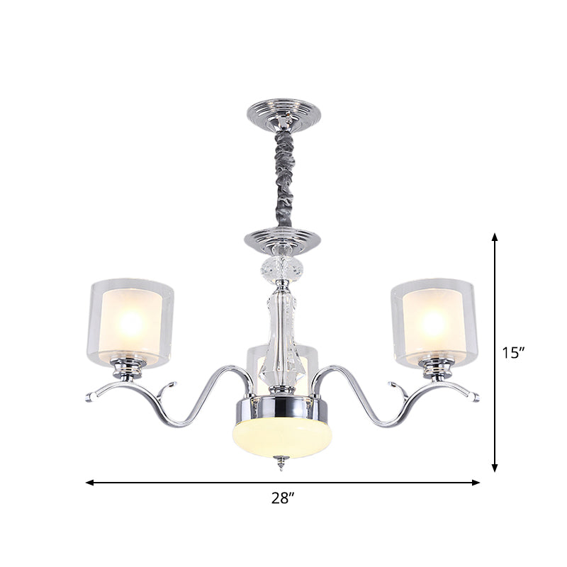 Modern Chrome Dual Cylinder Chandelier With 3 Bulbs Clear And Opal Glass - Ceiling Hanging Fixture
