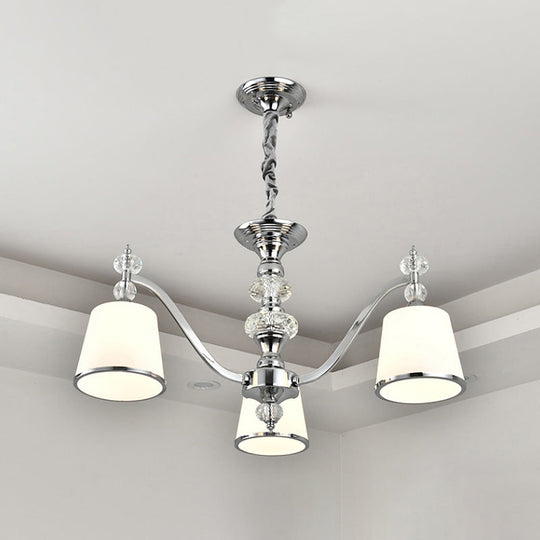 White Glass Minimalist Pendant Chandelier With Chrome Finish - Conical Design 3/6 Heads Down