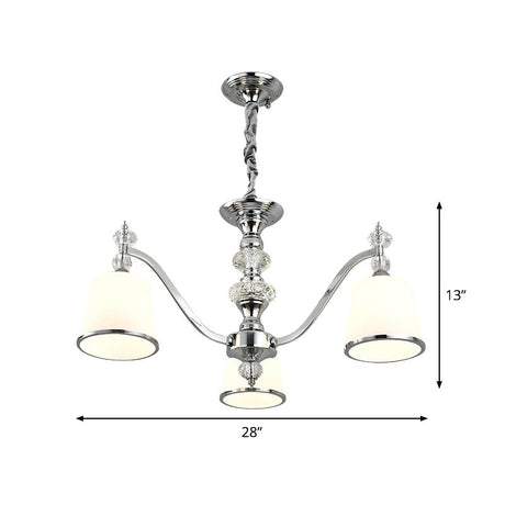 White Glass Conical Pendant Chandelier - Modern Minimalist Design With Chrome Finish And Curved Arm