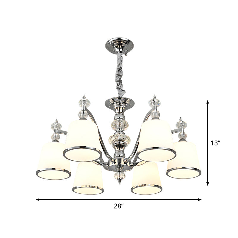 White Glass Minimalist Pendant Chandelier With Chrome Finish - Conical Design 3/6 Heads Down