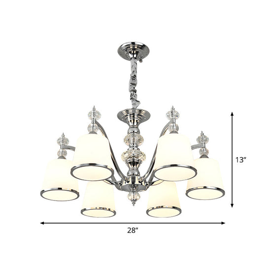 White Glass Minimalist Pendant Chandelier With Chrome Finish - Conical Design 3/6 Heads Down