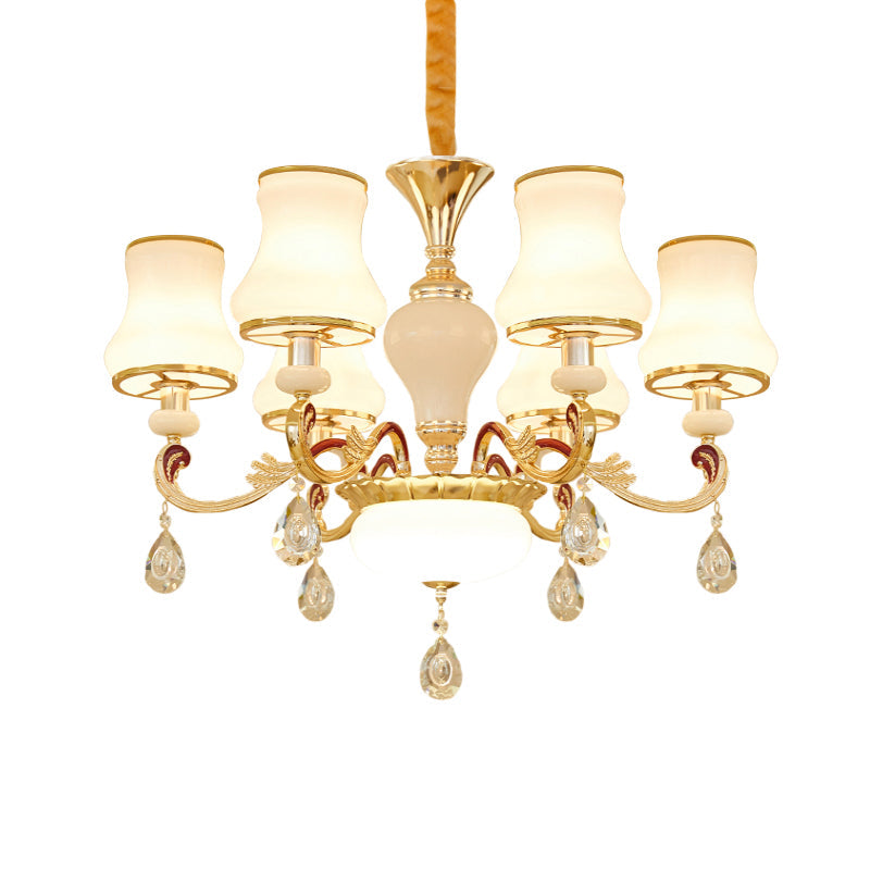 Contemporary Opal Glass Curved Cone Chandelier Light With Crystal Drop Deco - Gold Finish 3/6 Bulbs