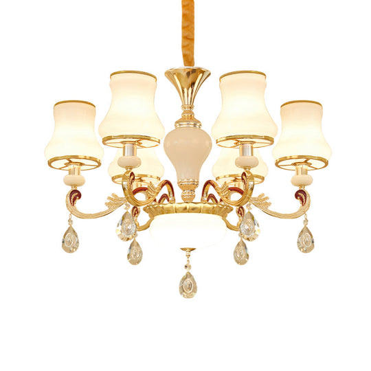 Contemporary Opal Glass Curved Cone Chandelier Light With Crystal Drop Deco - Gold Finish 3/6 Bulbs
