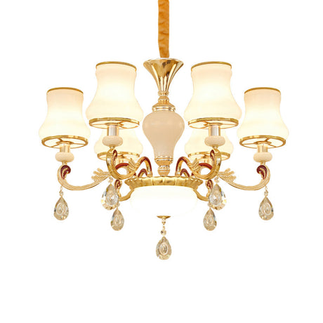 Modern Opal Glass Curved Cone Chandelier With Crystal Deco - 3/6 Bulbs Gold Pendant Drop Light