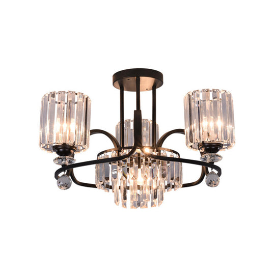 Modernist Crystal Prisms Cylindrical Suspension Lamp - 4-Bulb Black Ceiling Chandelier For Drawing