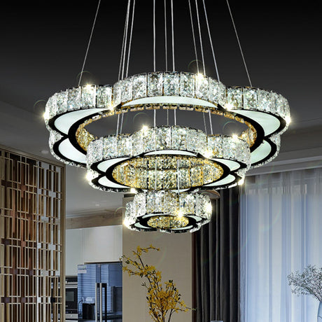 Stainless-Steel 3-Tier Flower Chandelier With Faceted Crystal Led Pendant In Warm/White Light -