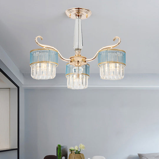 Contemporary Crystal Prisms Gold Cylinder Chandelier - 3 Lights Pendant Ceiling Fixture