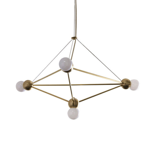 Modern White Glass Pendant Chandelier - 4-Head Suspension Lamp With Geometric Cage