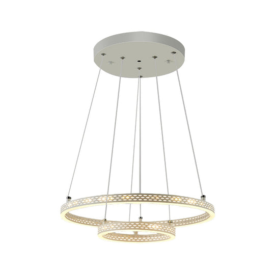 White Metallic Led Minimalist Pendant Chandelier - 2-Tier Hoop Dining Room Down Lighting