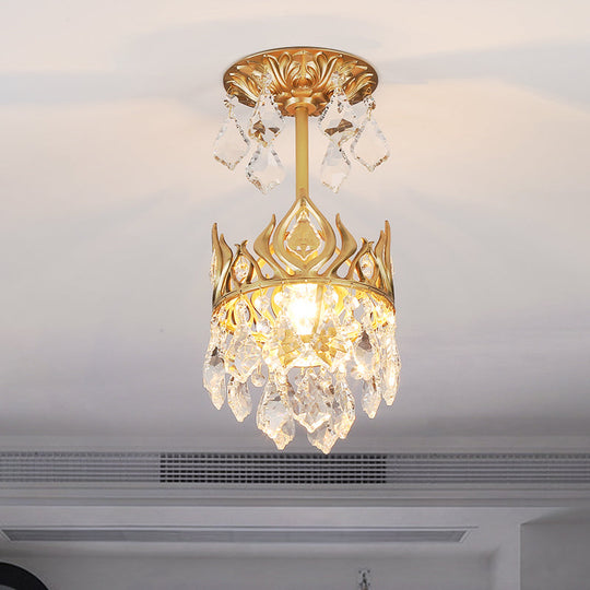 Gold Crown Raindrop Crystal Pendant Lamp Modern 1-Bulb Light Fixture For Restaurants