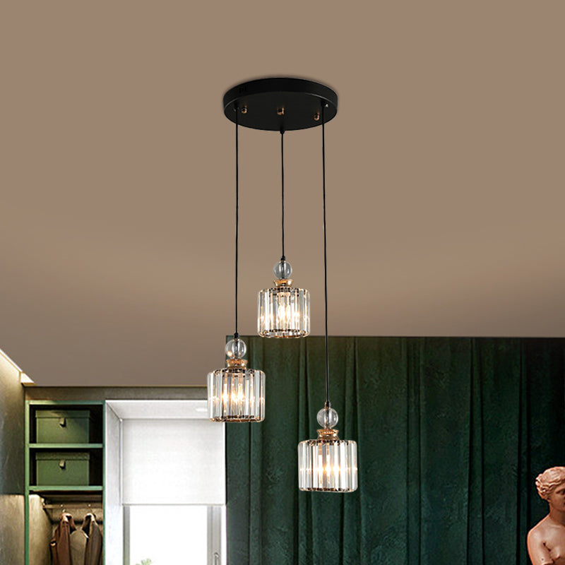 Modern Black Cylinder Pendant Lamp Kit With Crystal Prisms Shade - 1/3-Head Ceiling