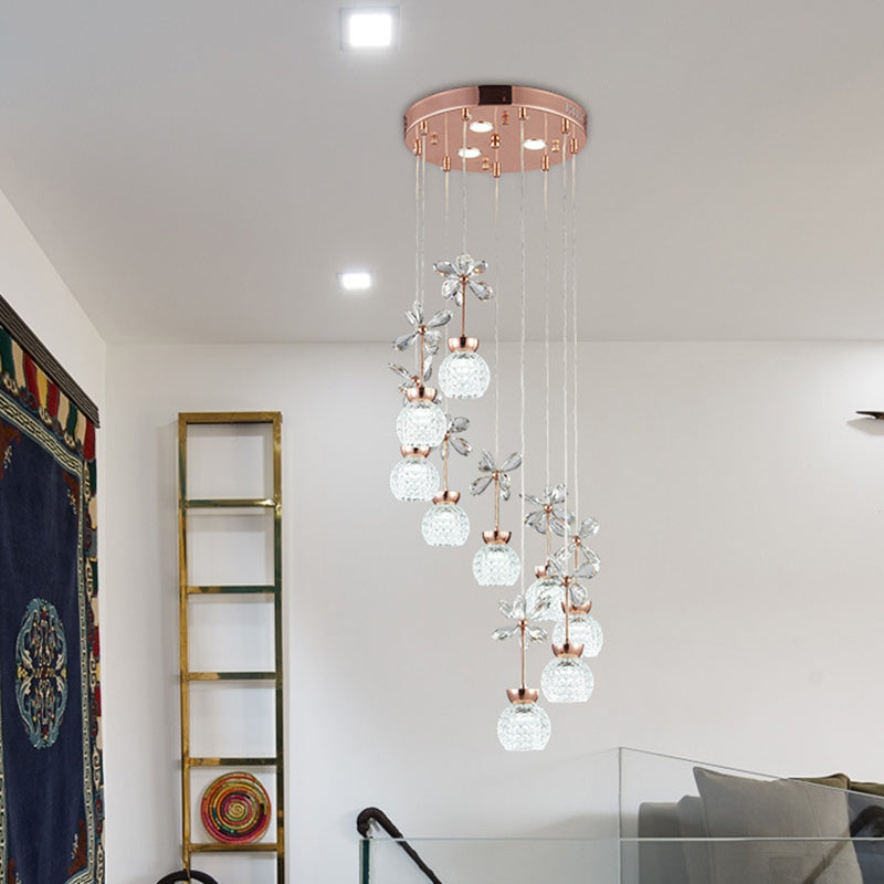 Gold Spiral Multi Pendant Ceiling Lamp - Modernist Lattice Glass 9 Bulbs Warm/White Light / Warm