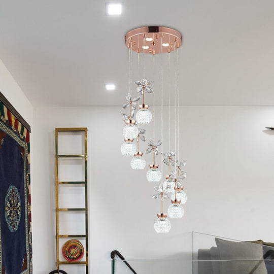 Gold Spiral Multi Pendant Ceiling Lamp - Modernist Lattice Glass 9 Bulbs Warm/White Light / Warm