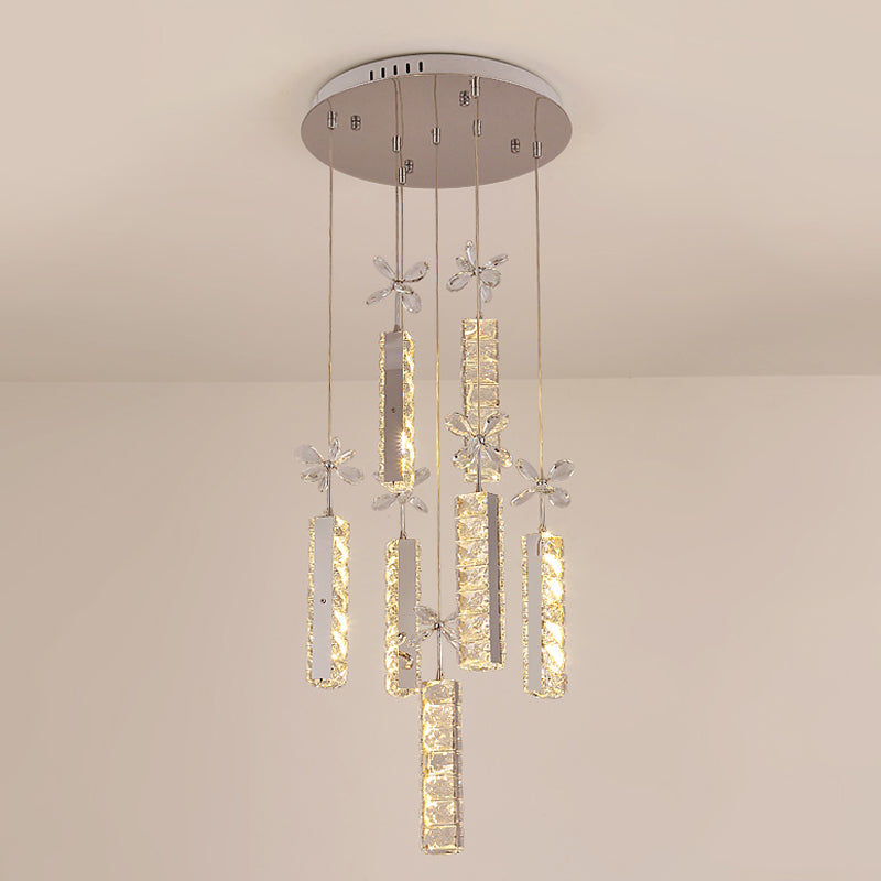 Modern Led Multi Pendant Light With Cut Crystal Linear And Flower Drop Design In Chrome Finish