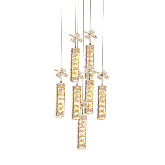 Modern Led Multi Pendant Light With Cut Crystal Linear And Flower Drop Design In Chrome Finish