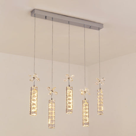 Modern Led Multi Pendant Light With Cut Crystal Linear And Flower Drop Design In Chrome Finish