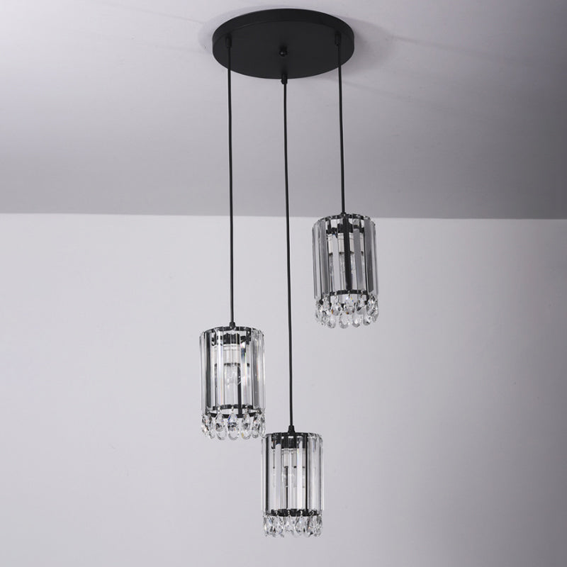 Black Cylinder Crystal Prisms Pendant Light - Minimalist Down Lighting 3 Heads 18/27 Wide