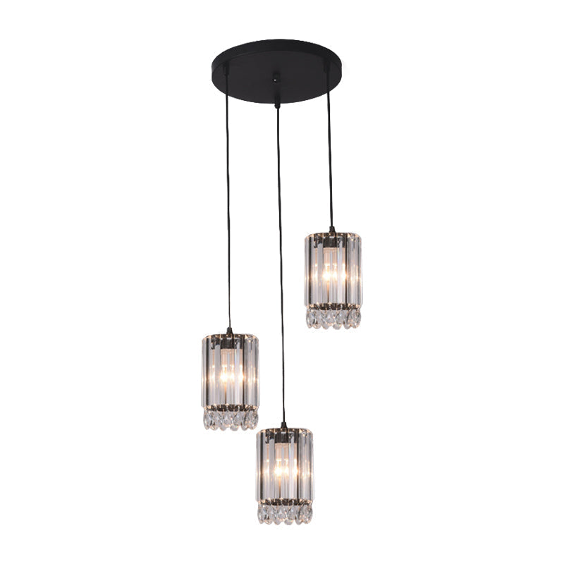 Black Cylinder Crystal Prisms Pendant Light - Minimalist Down Lighting 3 Heads 18/27 Wide