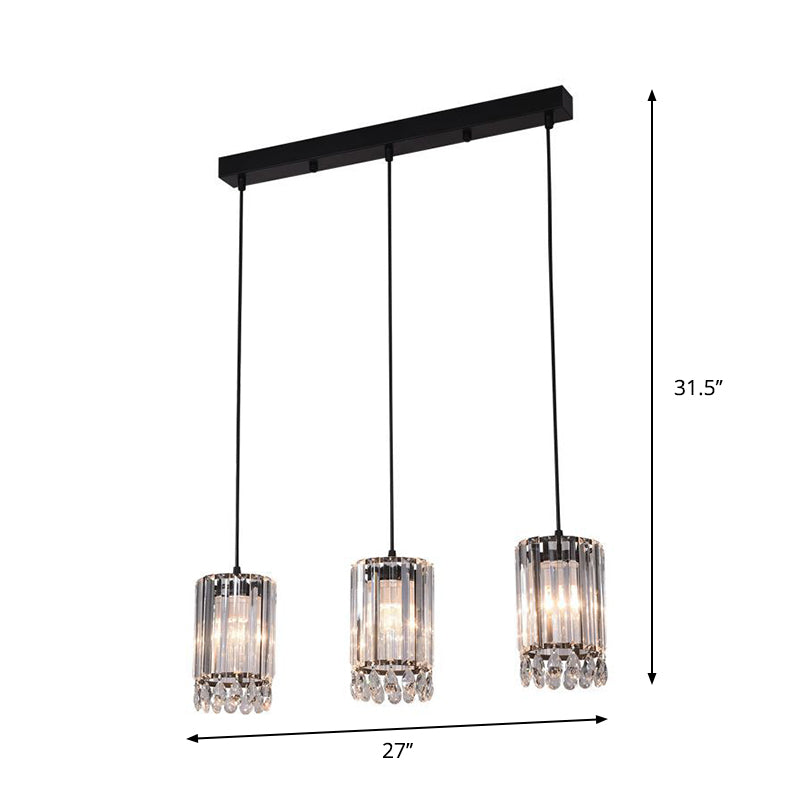 Black Cylinder Crystal Prisms Pendant Light - Minimalist Down Lighting 3 Heads 18/27 Wide