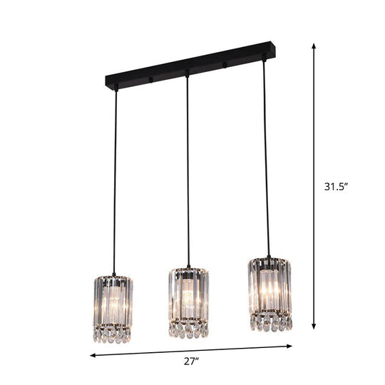Black Cylinder Crystal Prisms Pendant Light - Minimalist Down Lighting 3 Heads 18/27 Wide
