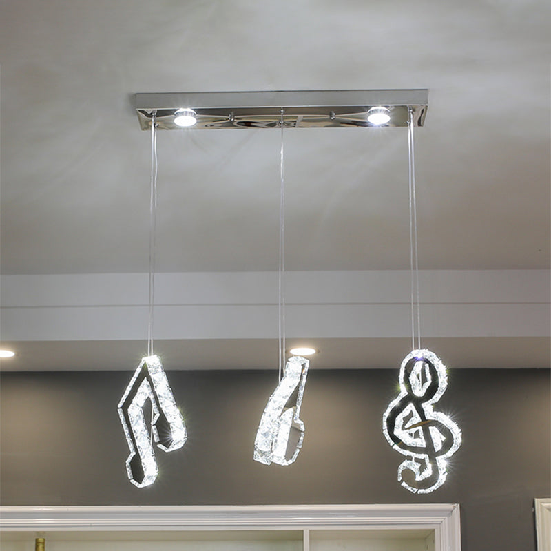 Minimalist Cut Crystal Led Pendant Light With Musical Note Suspension - Stainless Steel Lamp