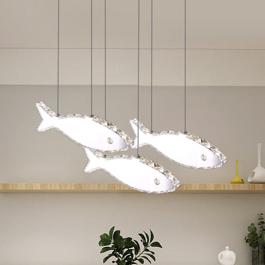 Stainless-Steel Fish Pendant Lamp With 3/6 Crystal Heads And Warm/White Light For Bedroom 3 / White