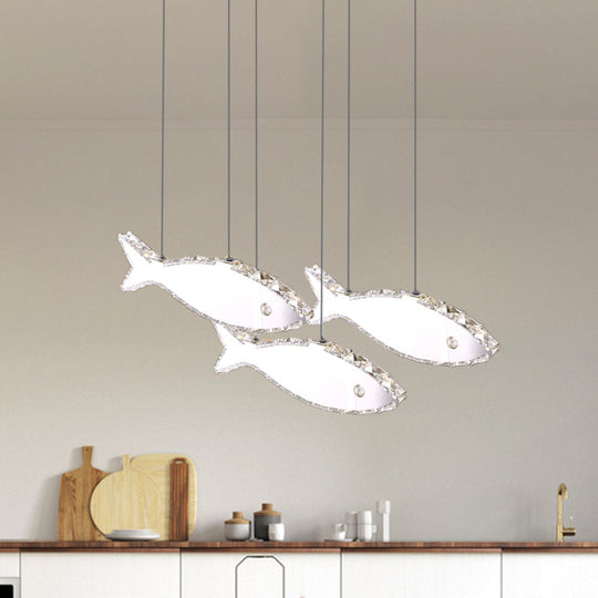 Stainless-Steel Fish Pendant Lamp With 3/6 Crystal Heads And Warm/White Light For Bedroom