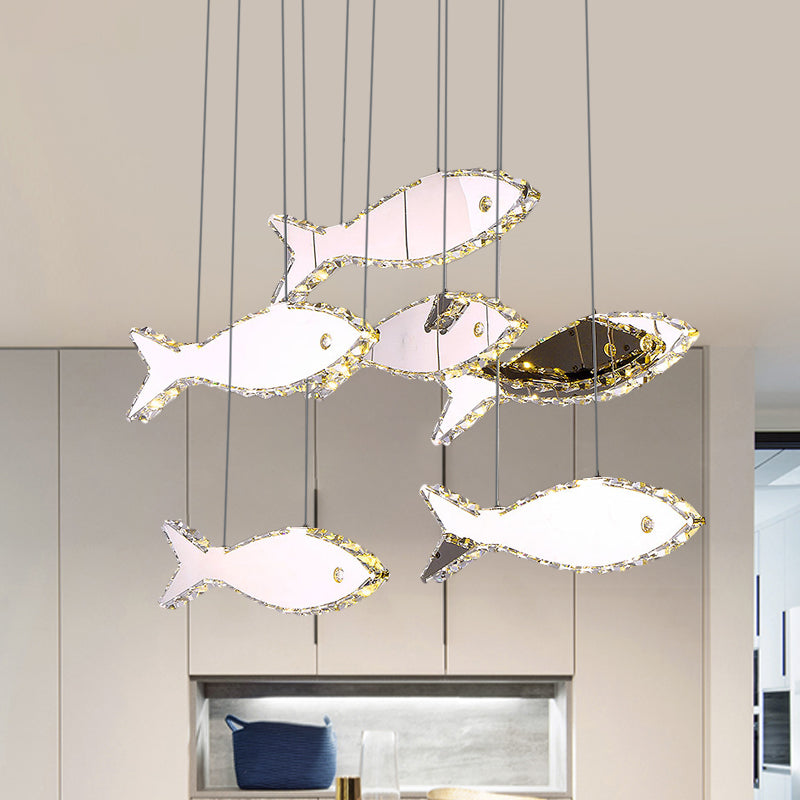 Stainless-Steel Fish Pendant Lamp With 3/6 Crystal Heads And Warm/White Light For Bedroom 6 / Warm