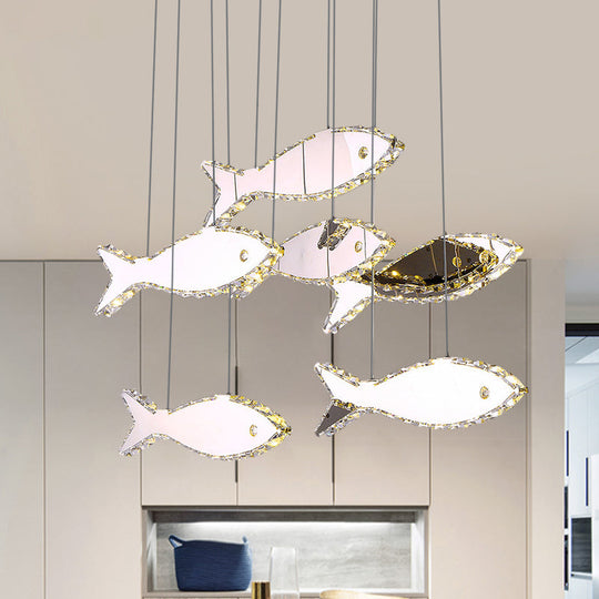 Stainless-Steel Fish Pendant Lamp With 3/6 Crystal Heads And Warm/White Light For Bedroom 6 / Warm