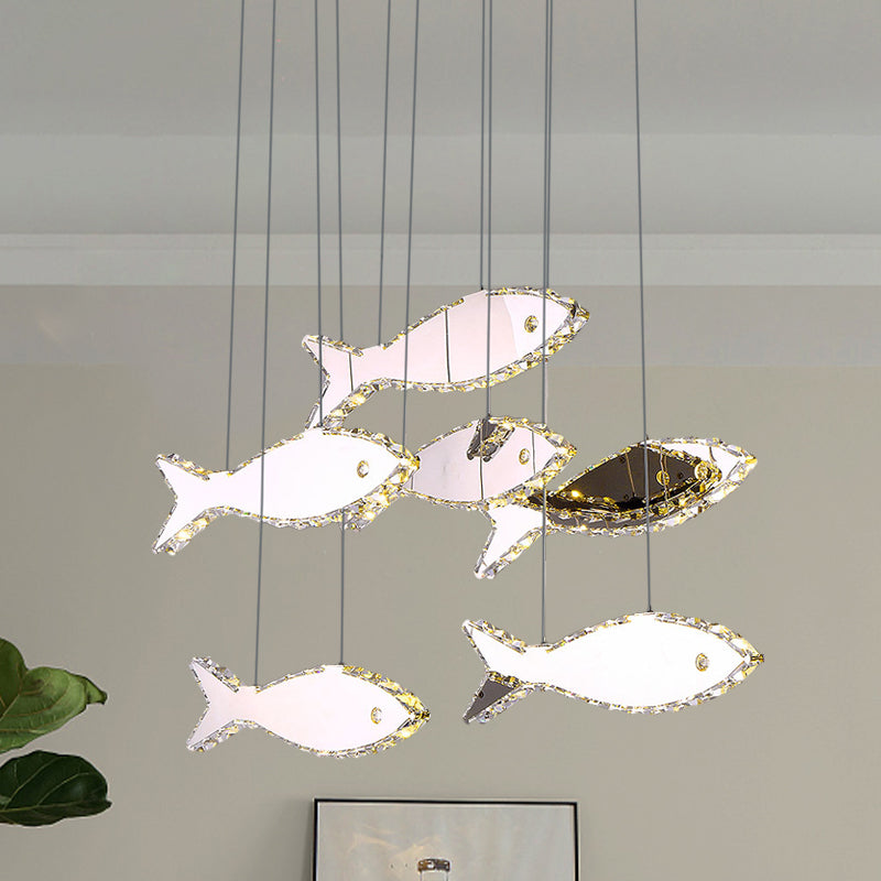 Stainless-Steel Fish Pendant Lamp With 3/6 Crystal Heads And Warm/White Light For Bedroom