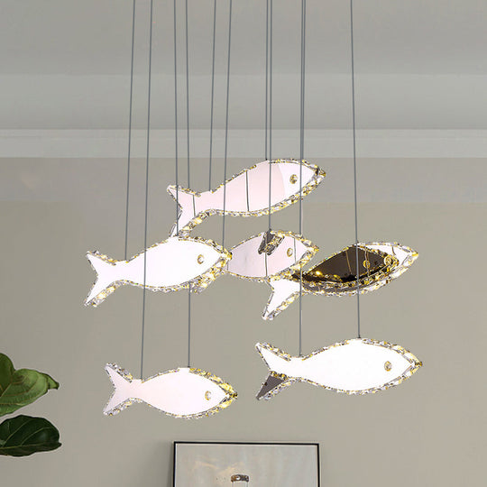 Stainless-Steel Fish Pendant Lamp With 3/6 Crystal Heads And Warm/White Light For Bedroom