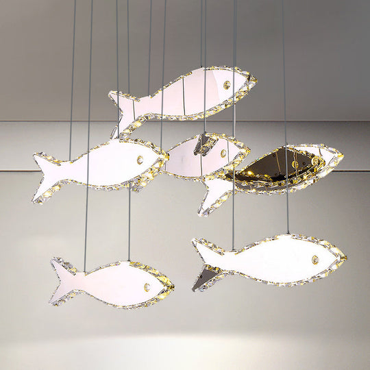 Stainless-Steel Fish Pendant Lamp With 3/6 Crystal Heads And Warm/White Light For Bedroom