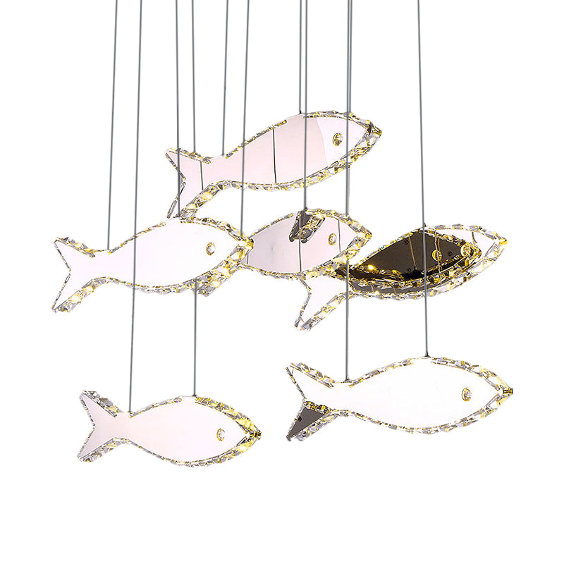 Stainless-Steel Fish Pendant Lamp With 3/6 Crystal Heads And Warm/White Light For Bedroom