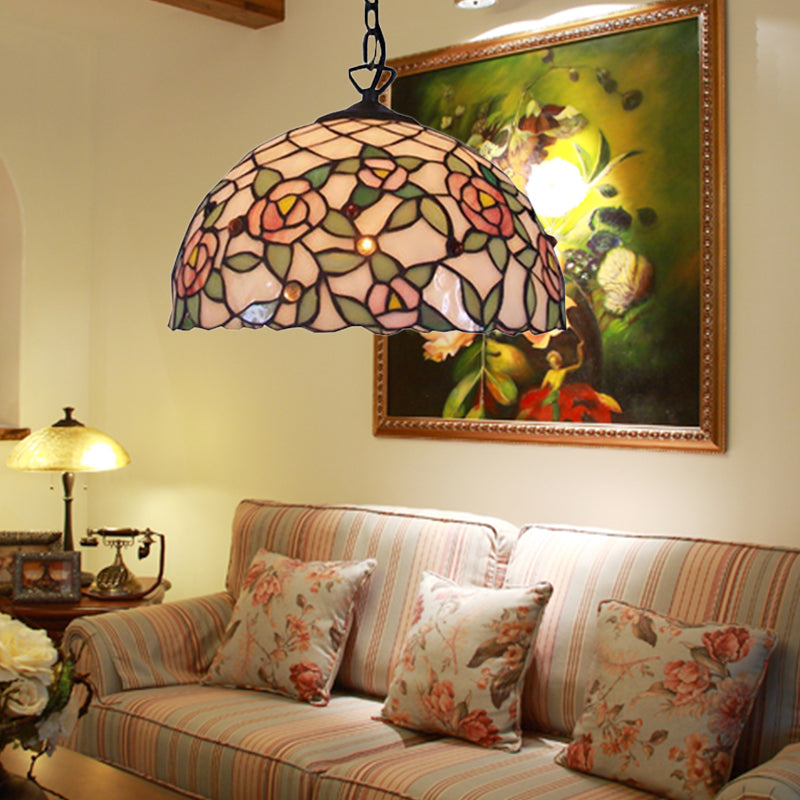 Hand Cut Pink Glass Tiffany-Style Pendant Light With Flower Pattern - Domed Suspension Design