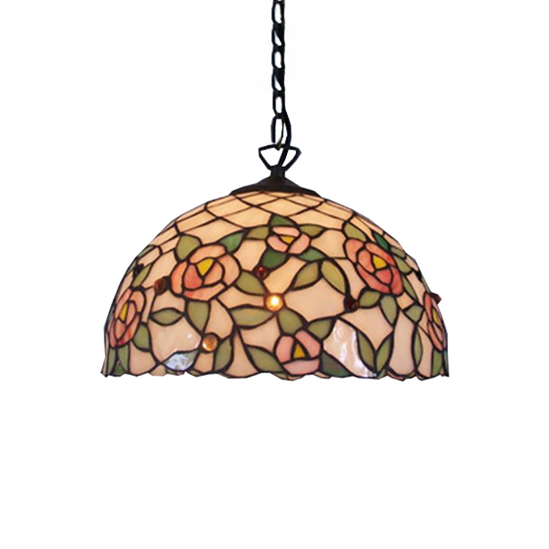 Hand Cut Pink Glass Tiffany-Style Pendant Light With Flower Pattern - Domed Suspension Design