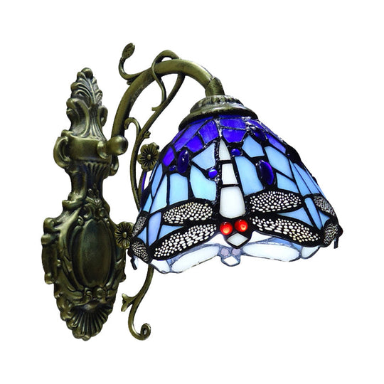 Dragonfly Stained Glass Sconce Light - Rustic Wall Mount In Blue/Orange For Bedroom