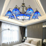 Tiffany Stained Glass Mermaid Deco Chandelier Light - Blue 9/14 Lights Pyramid Pendant Lamp For