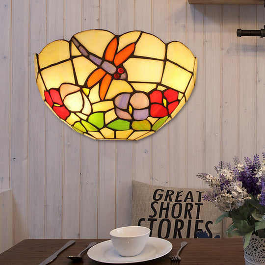 Dragonfly Stained Glass Wall Sconce With Double Bulbs And Bowl Shade For Lodge Décor