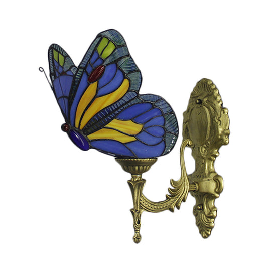 Stained Glass Butterfly Wall Light Fixture With Brass Finish - Lodge Style 1-Bulb Lighting