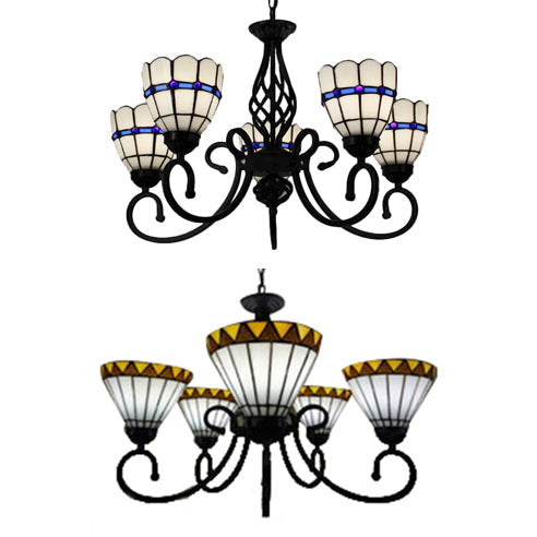 Tiffany Style Stained Glass Chandelier: Curved Arm Pendant Lamp With 5 Yellow/Blue Lights